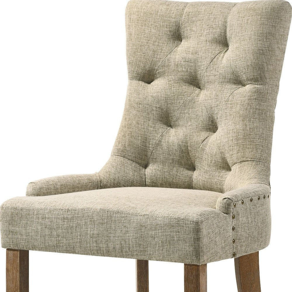 Set of Two Beige and Oak Tufted Fabric Dining Side Chairs