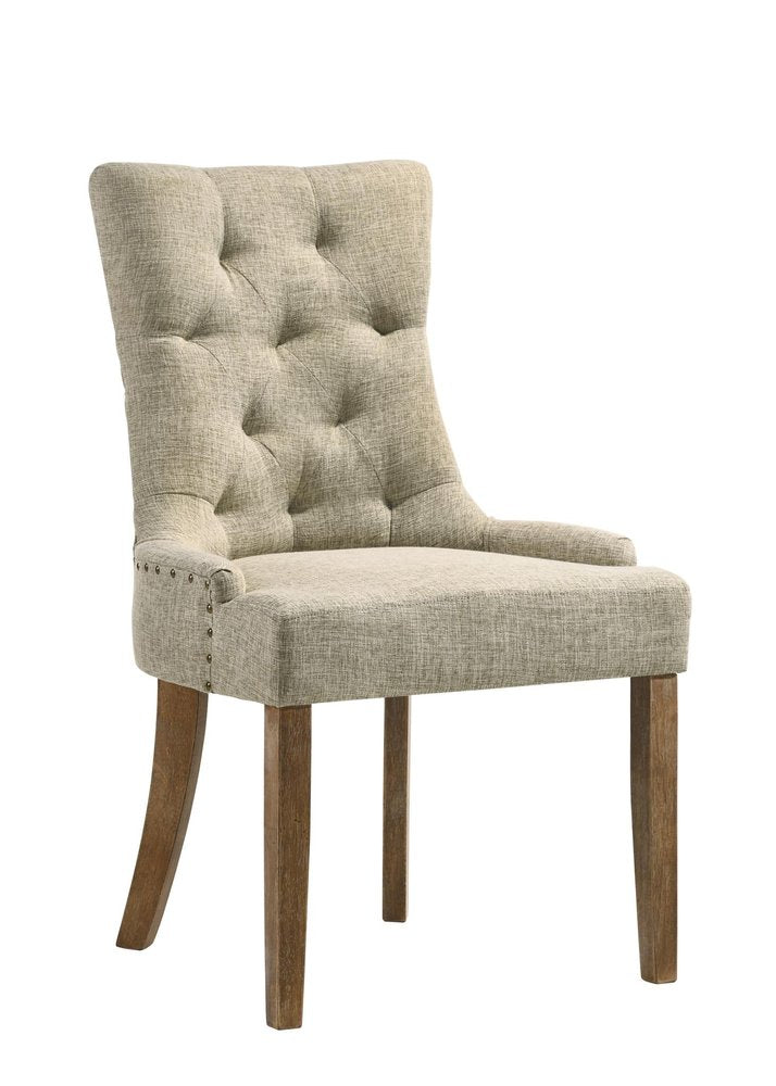 Set of Two Beige and Oak Tufted Fabric Dining Side Chairs