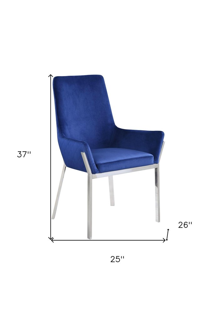 Set of Two Blue and Silver Velvet Dining Side Chairs