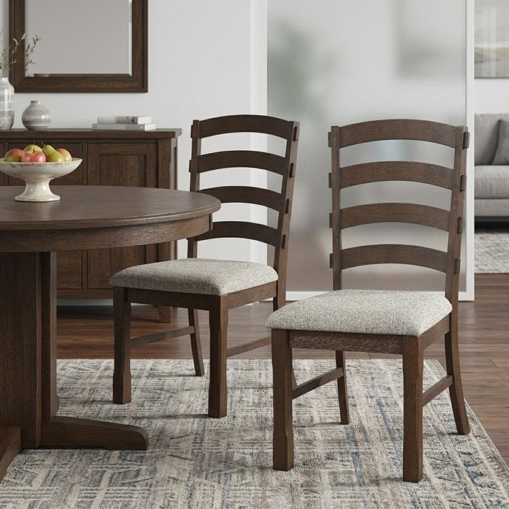Set of Two Gray and Oak Fabric Ladder Back Dining Side Chairs