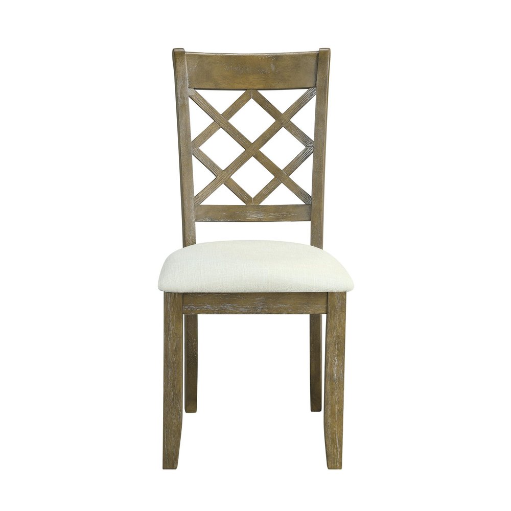 Set of Two Beige and Oak Linen Cross Back Dining Side Chairs