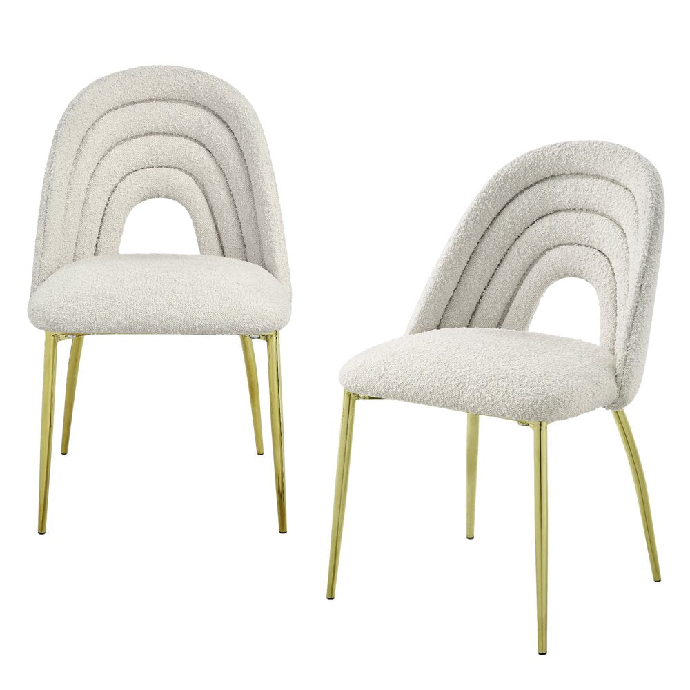 Set of Two Beige and Gold Fabric Dining Side Chairs