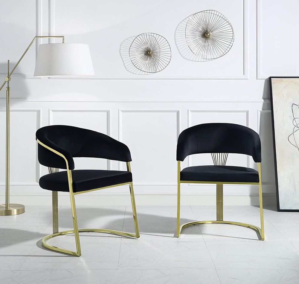 Black and Gold Upholstered Velvet Partially Open Back Dining Side Chair