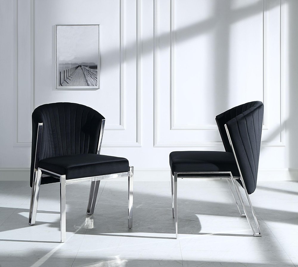 Set of Two Black and Silver Velvet Wing Back Dining Side Chairs