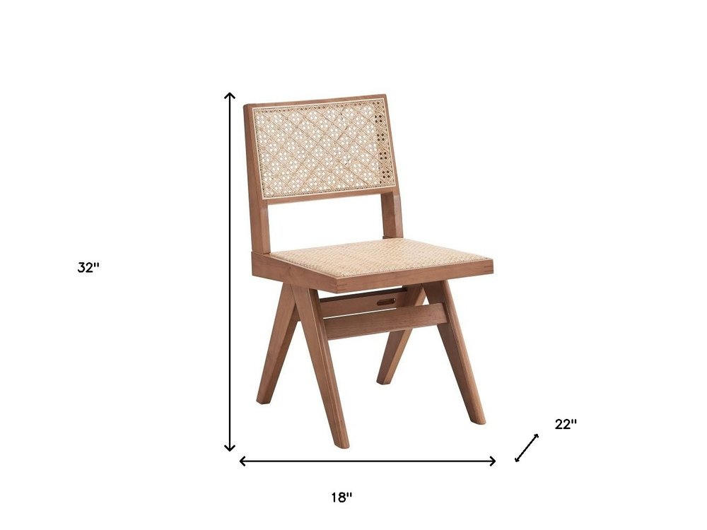 Set of Two Natural Solid Wood and Rattan Open Back Dining Side Chairs