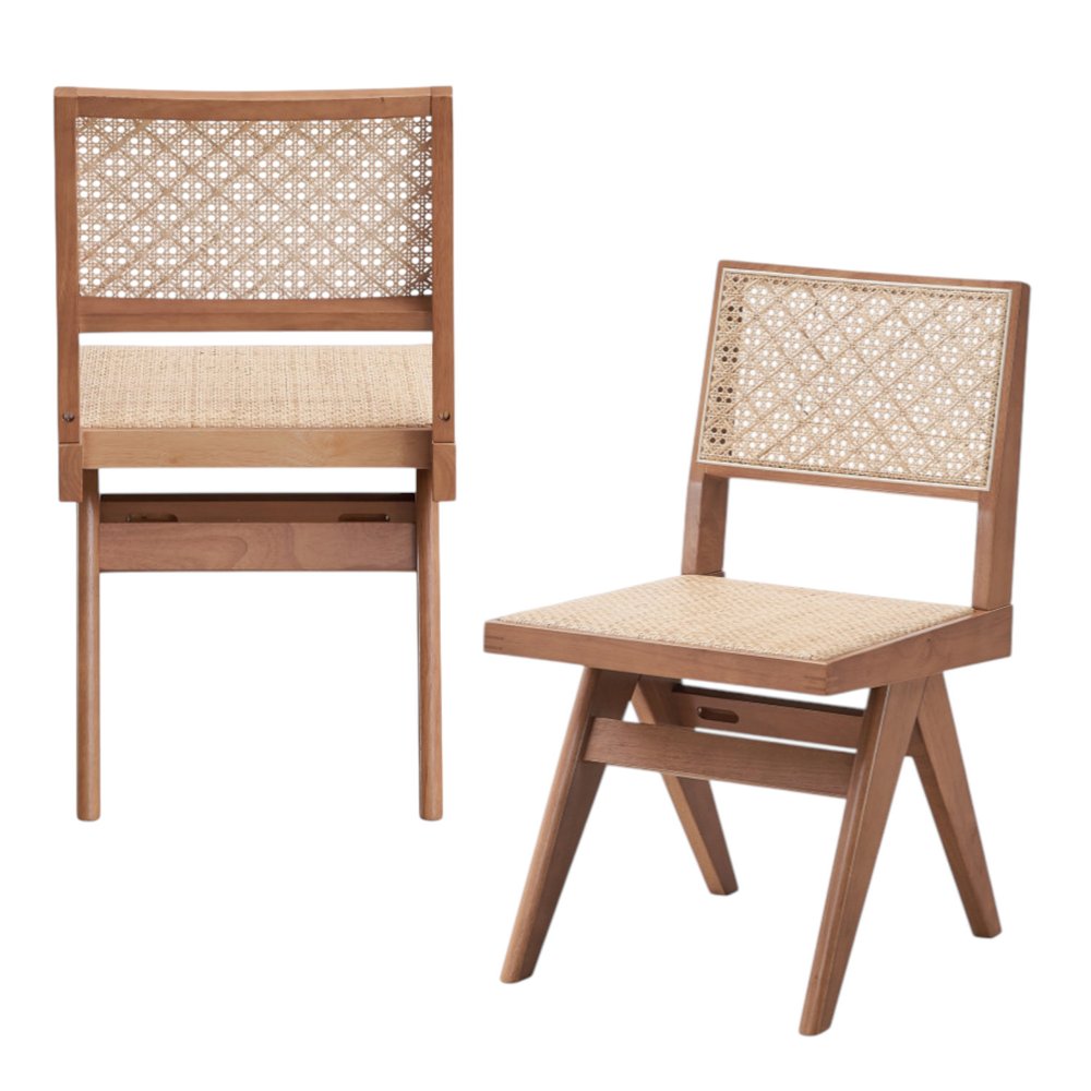Set of Two Natural Solid Wood and Rattan Open Back Dining Side Chairs
