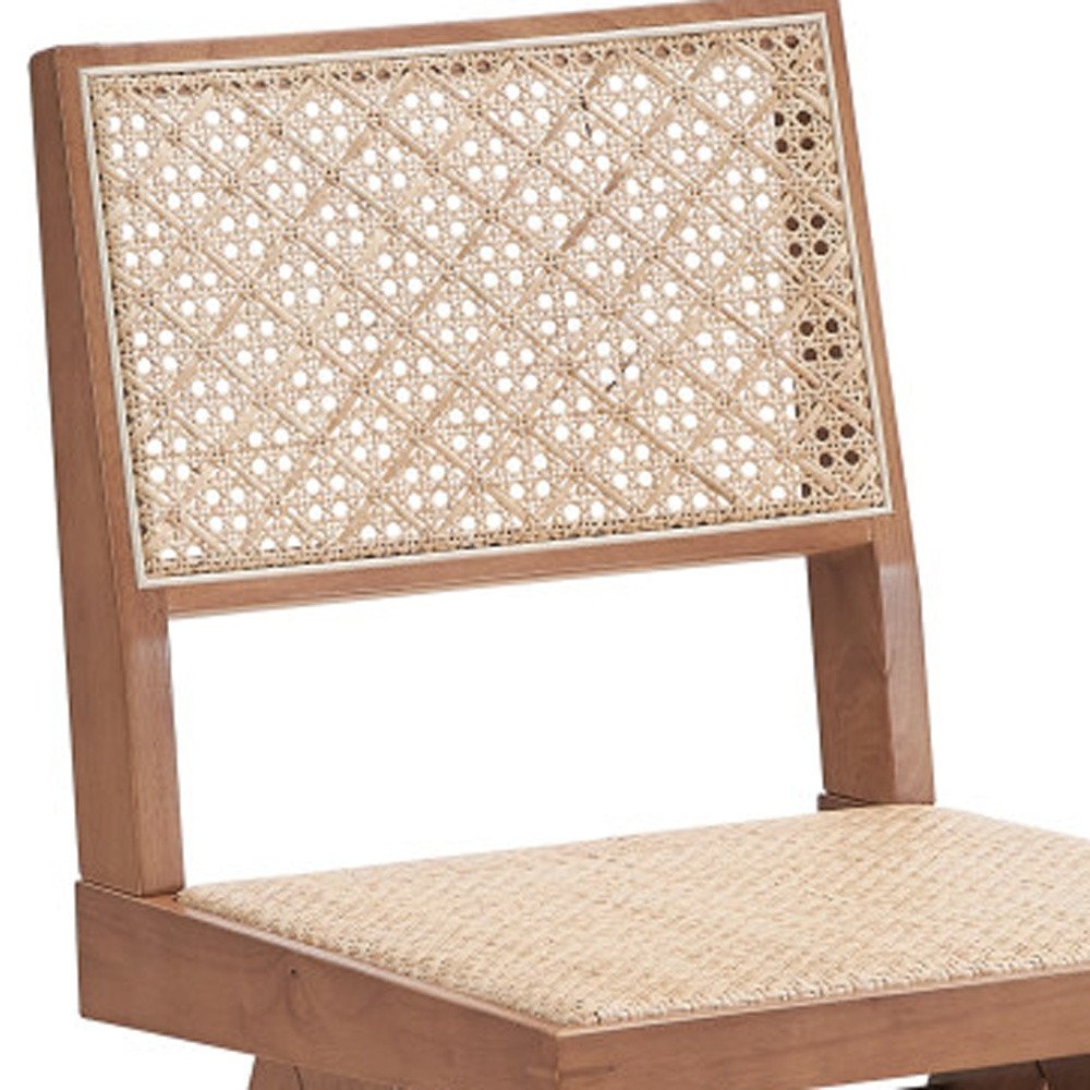 Set of Two Natural Solid Wood and Rattan Open Back Dining Side Chairs
