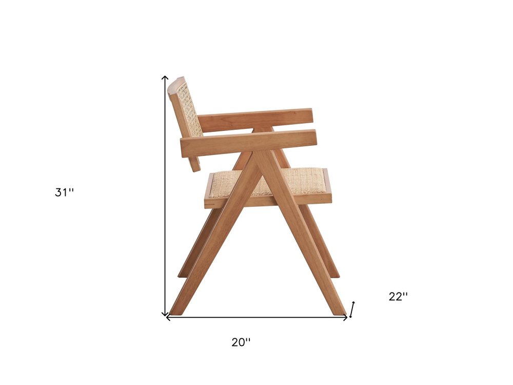 Set of Two Natural Solid Wood and Rattan Open Back Dining Arm Chairs