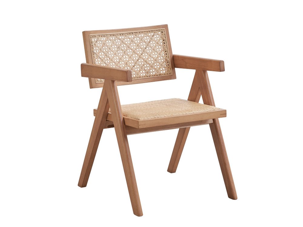 Set of Two Natural Solid Wood and Rattan Open Back Dining Arm Chairs