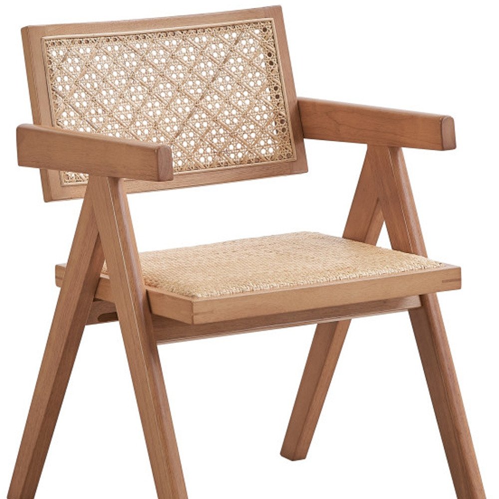 Set of Two Natural Solid Wood and Rattan Open Back Dining Arm Chairs