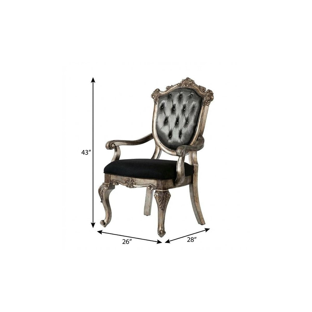 Set of Two Dark Gray and Platinum Tufted Fabric Open Back Dining Arm Chairs