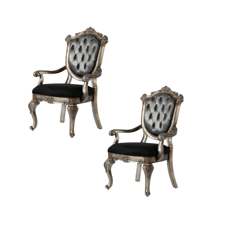 Set of Two Dark Gray and Platinum Tufted Fabric Open Back Dining Arm Chairs