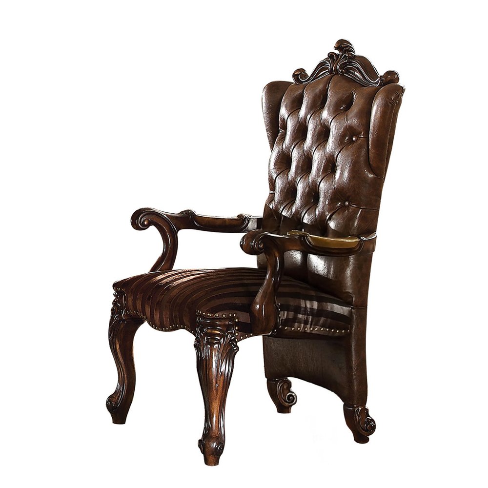 Set of Two Brown and Redwood Tufted Faux Leather Wing Back Dining Arm Chairs