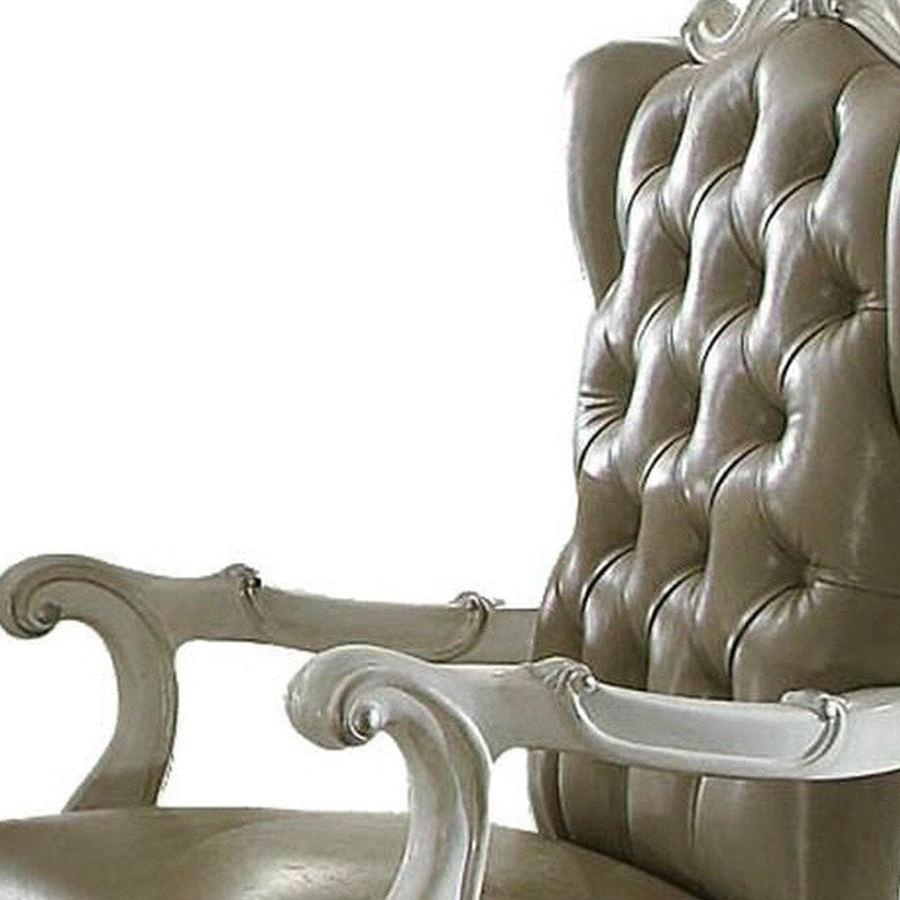 Set of Two Gray and Bone Tufted Faux Leather Wing Back Dining Arm Chairs