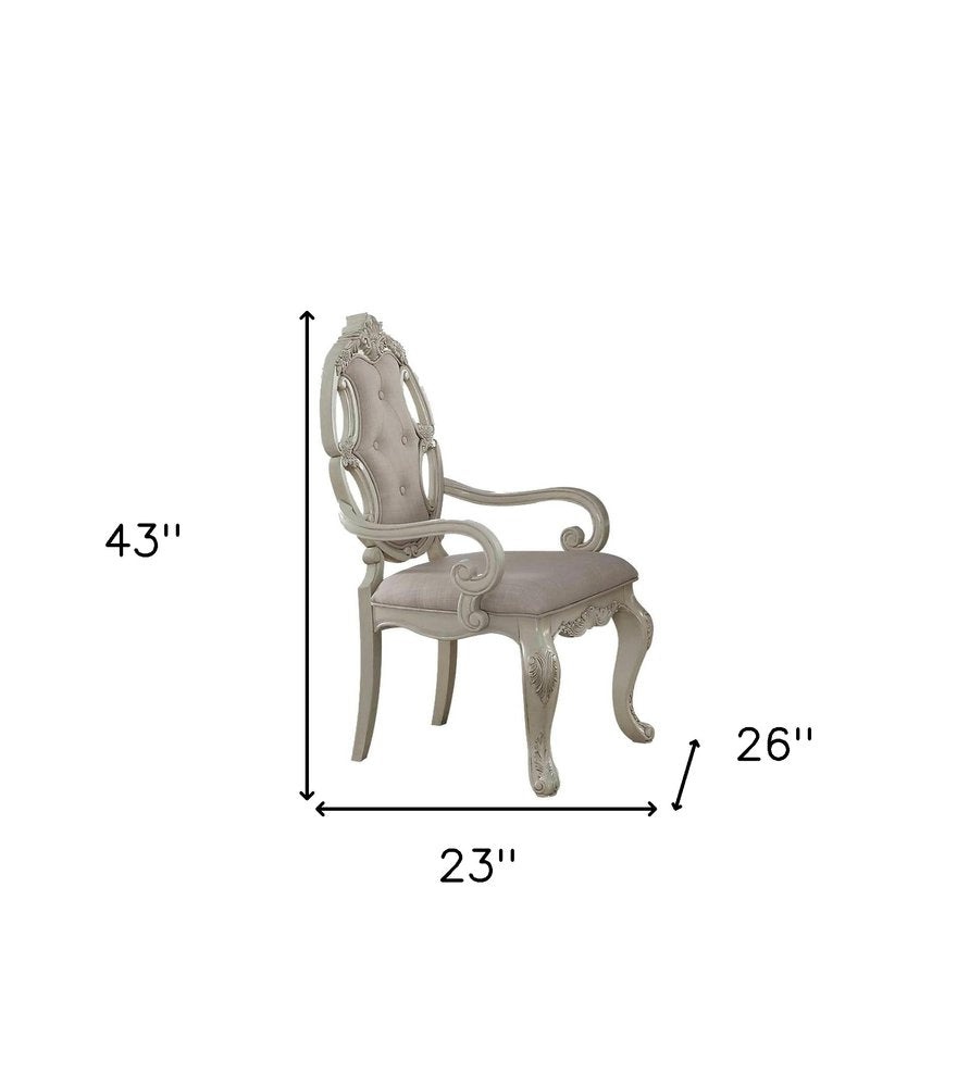 Set of Two Gray and Antiqued White Tufted Fabric Dining Arm Chairs