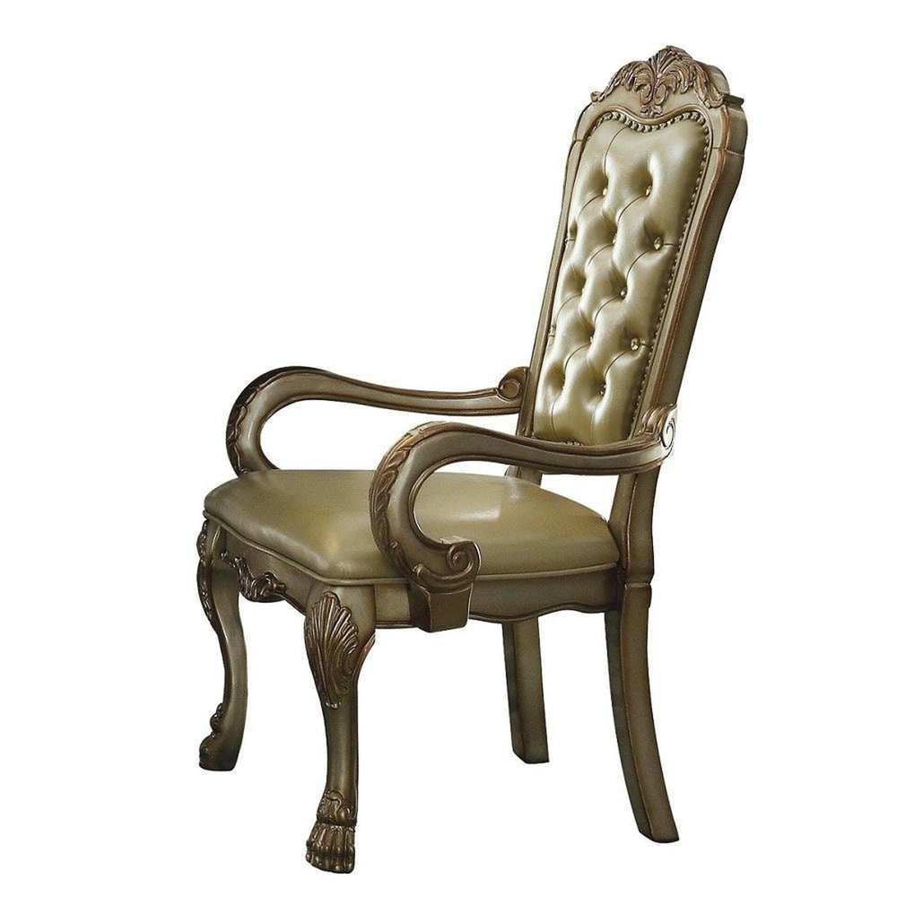 Set of Two Bone Tufted Faux Leather Dining Arm Chairs