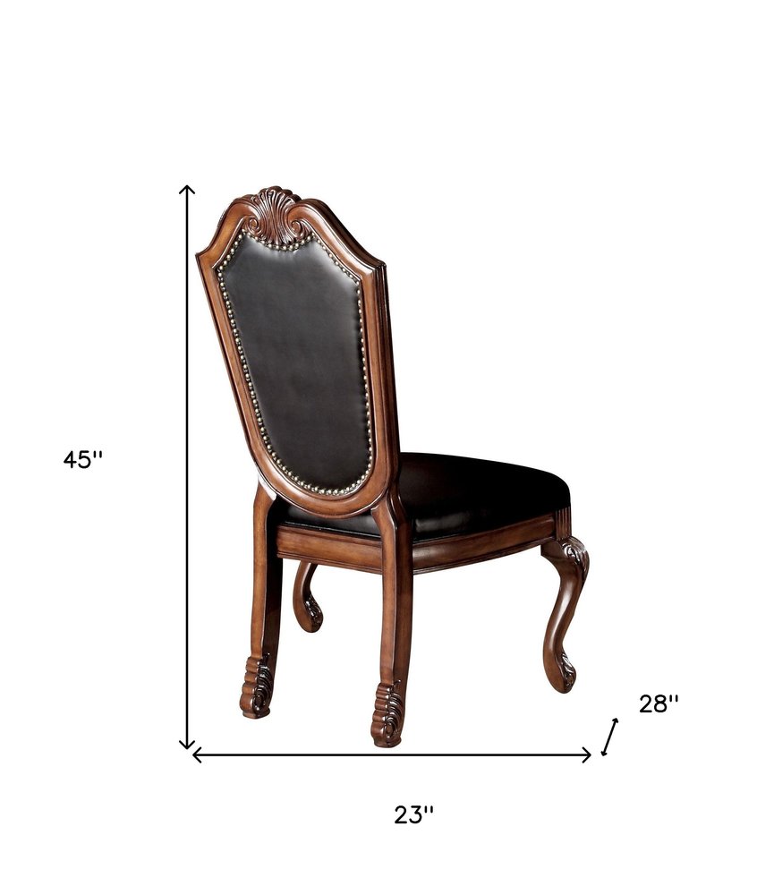 Set of Two Black and Redwood Upholstered Faux Leather And Solid Wood Dining Side Chairs