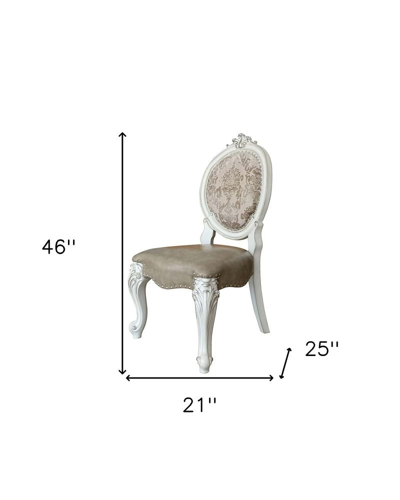 Set of Two Gray and White Upholstered Faux Leather And Solid Wood King Louis Back Dining Side Chairs
