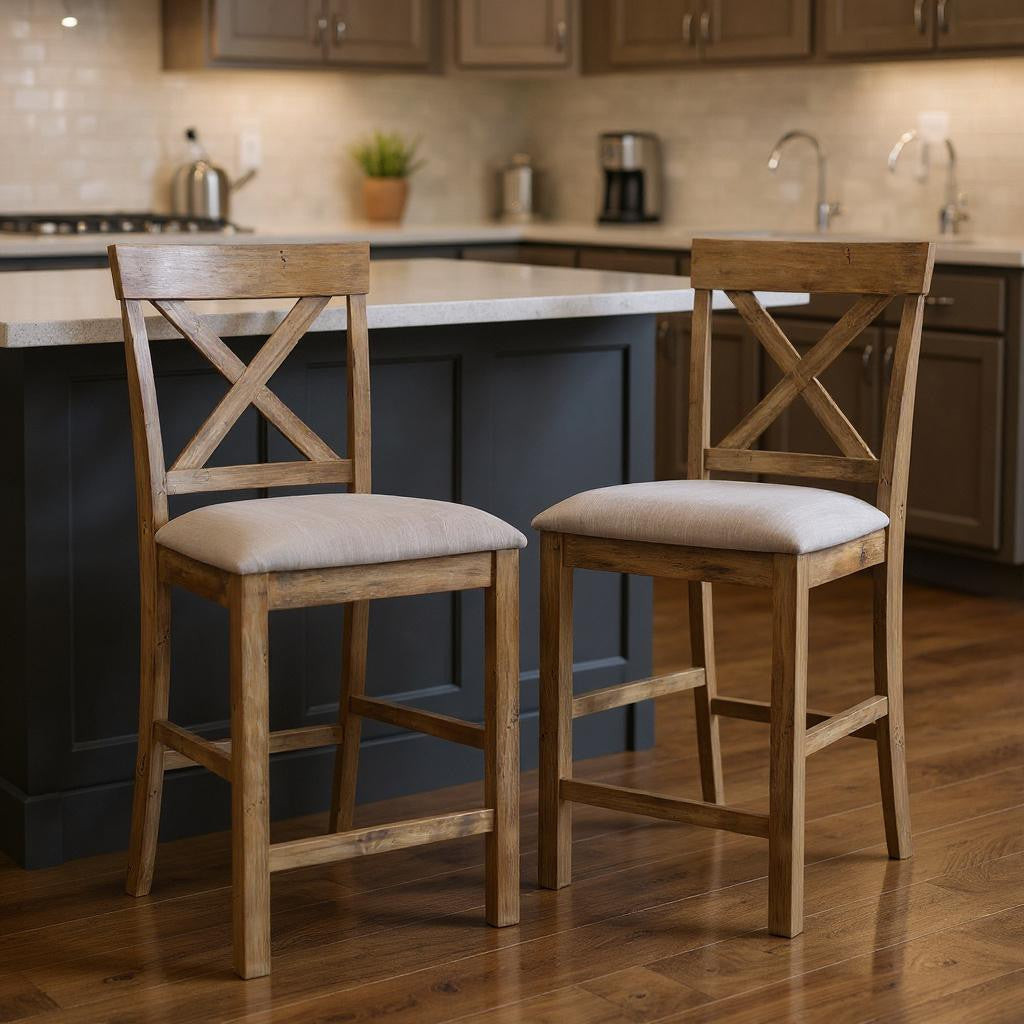 Set of Two 26" Tan And Oak Linen And Solid Wood Counter Height Bar Chairs