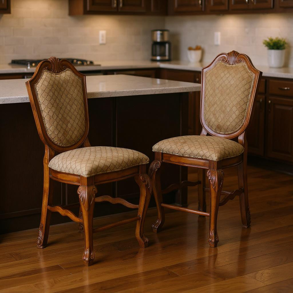 Set of Two 24" Beige And Brown Fabric And Solid Wood Counter Height Bar Chairs