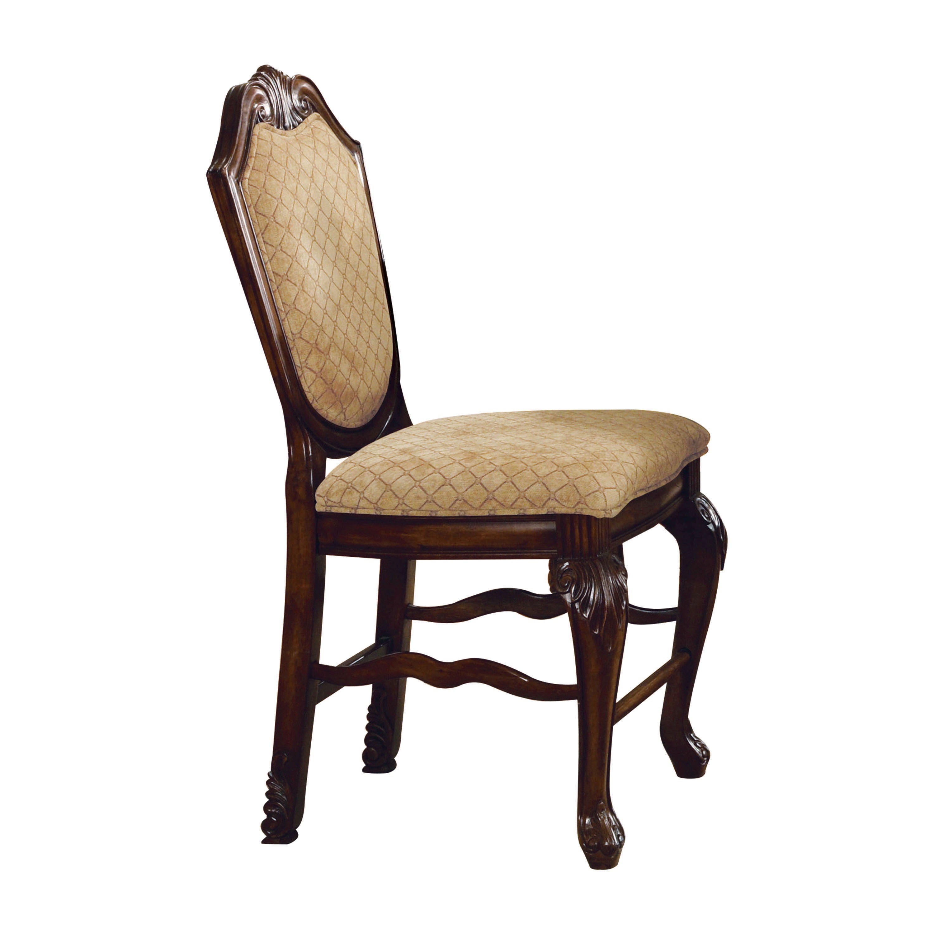 Set of Two 24" Beige And Espresso Fabric And Solid Wood Counter Height Bar Chairs