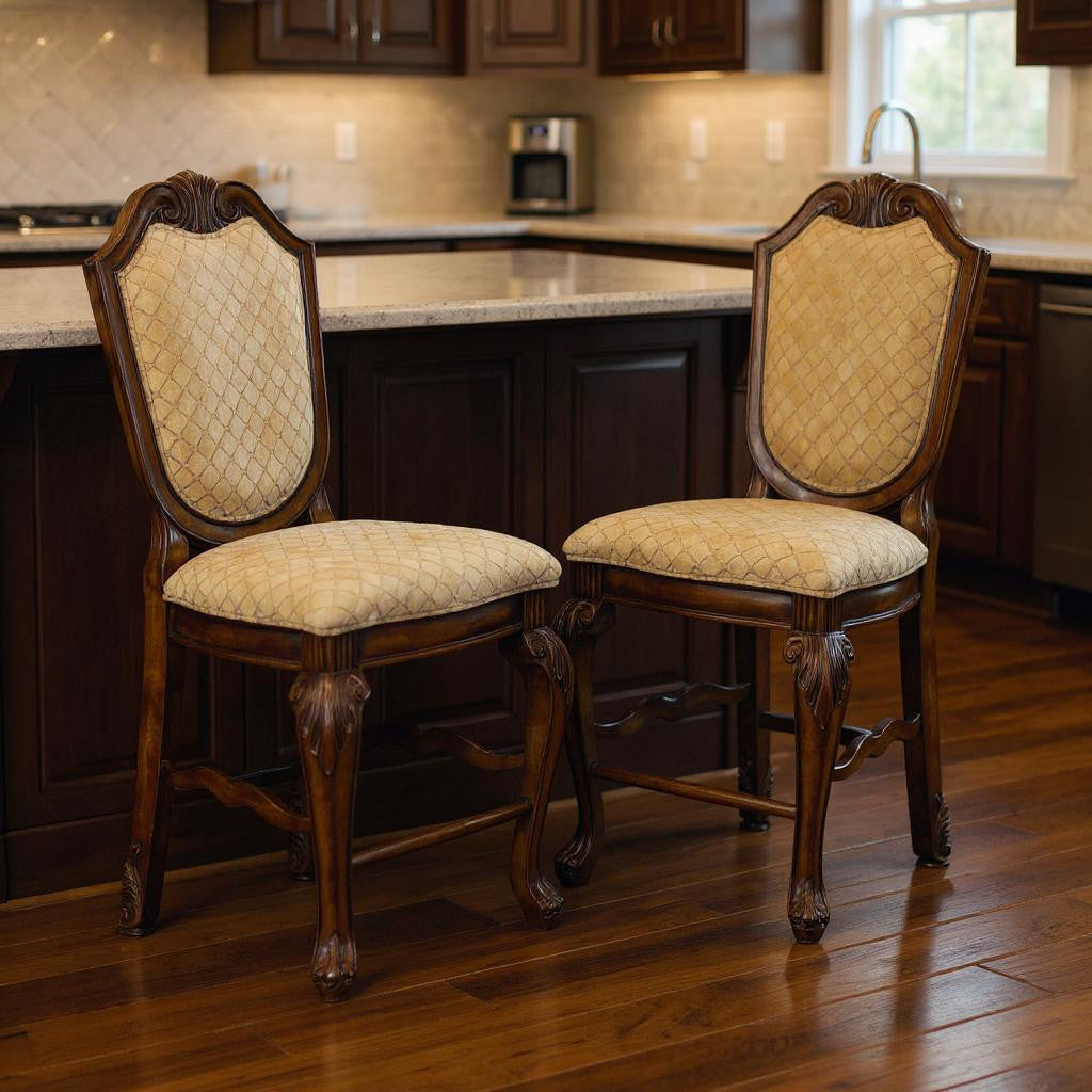 Set of Two 24" Beige And Espresso Fabric And Solid Wood Counter Height Bar Chairs