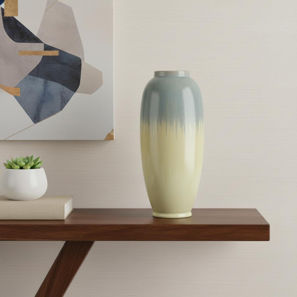 16" Blue And Cream Reactive Glaze Ceramic Cylinder Table Vase