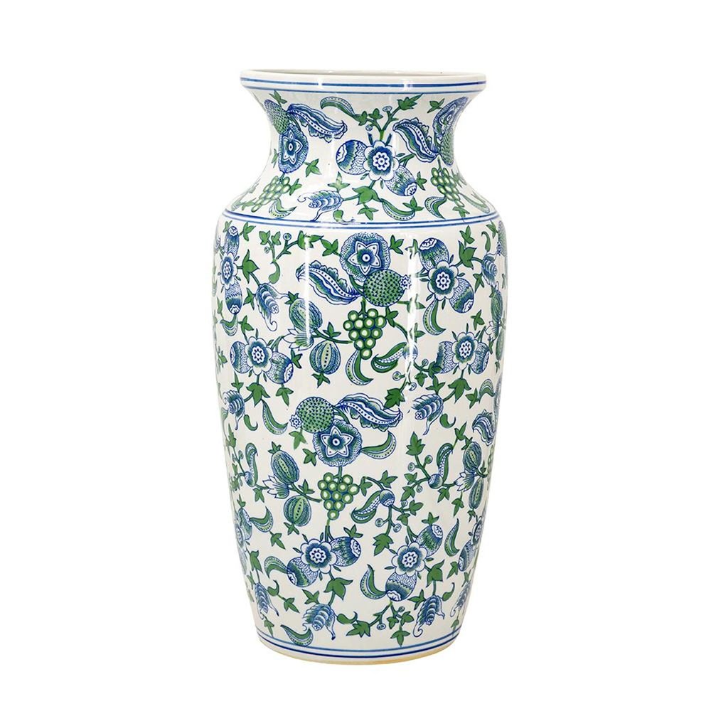 24" White Blue And Green And White Chinoiserie Porcelain Table Vase