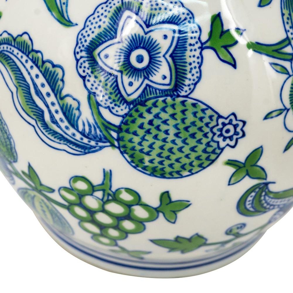13" White Blue And Green Chinoiserie Porcelain Wavy Gourd Table Vase