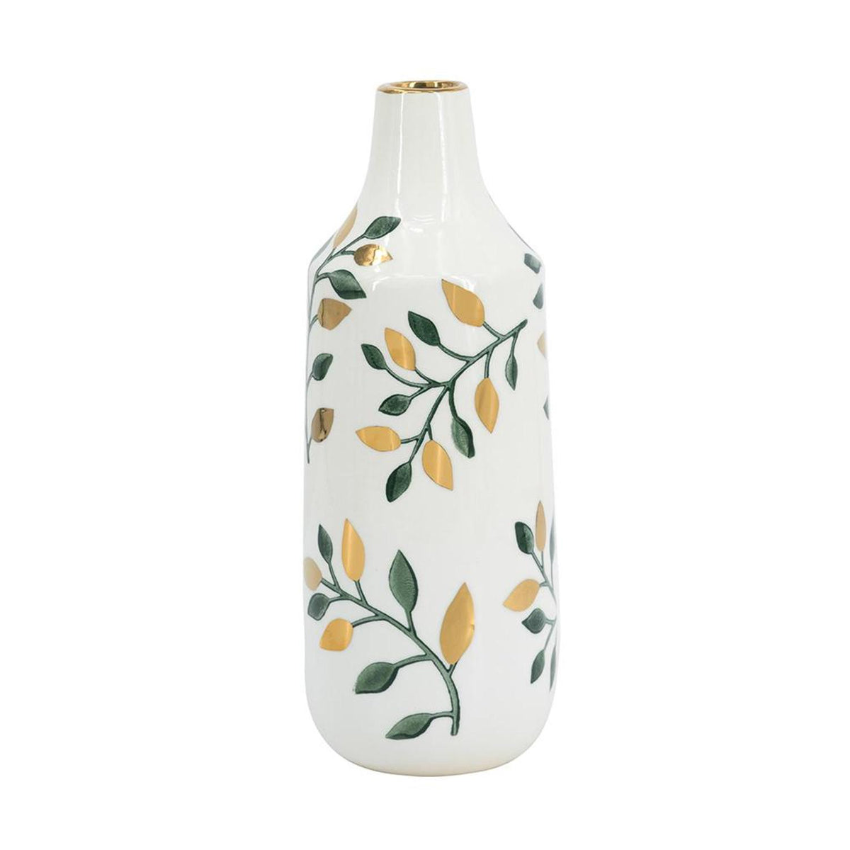 12" White Green And Gold Floral Leaf Bud Ceramic Table Vase