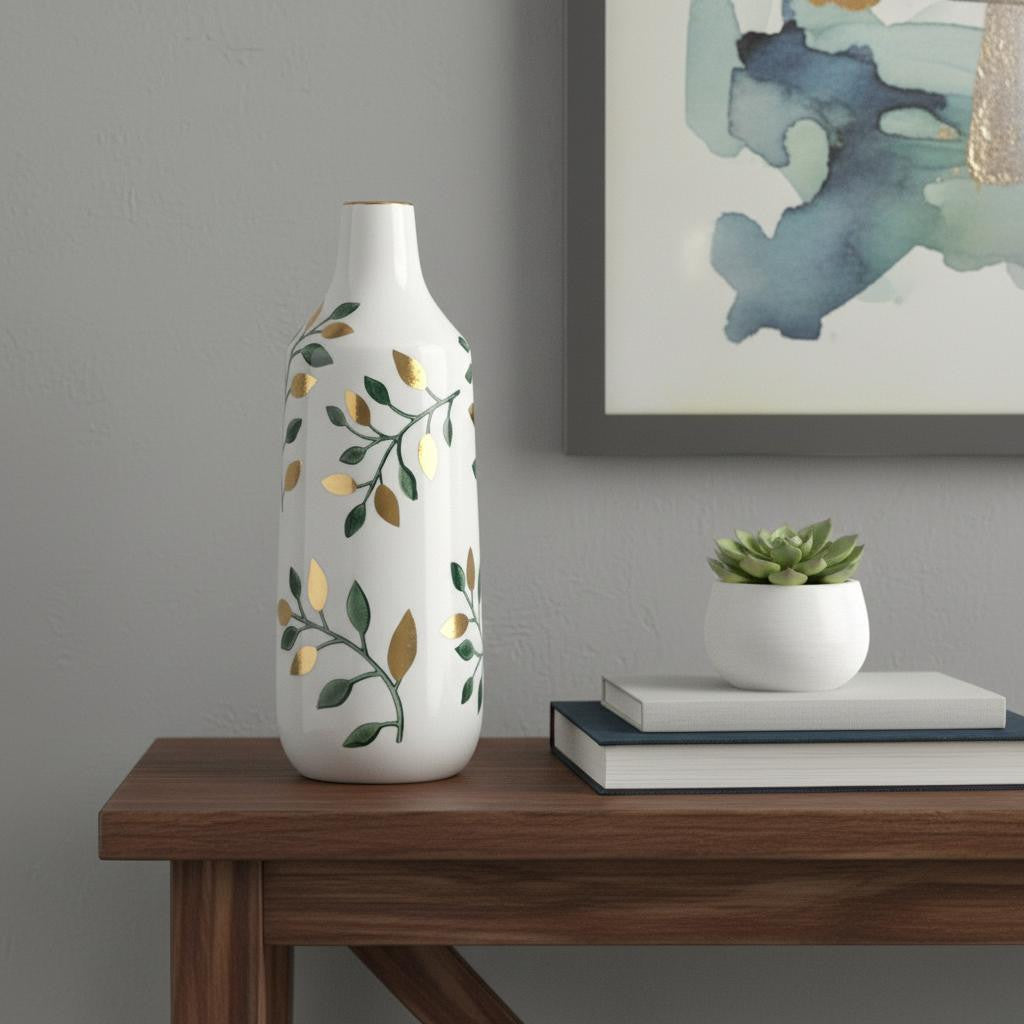 12" White Green And Gold Floral Leaf Bud Ceramic Table Vase