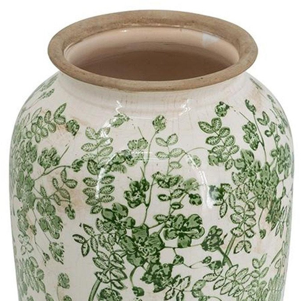 15" Green And White Leaf Ceramic Trumpet Table Vase
