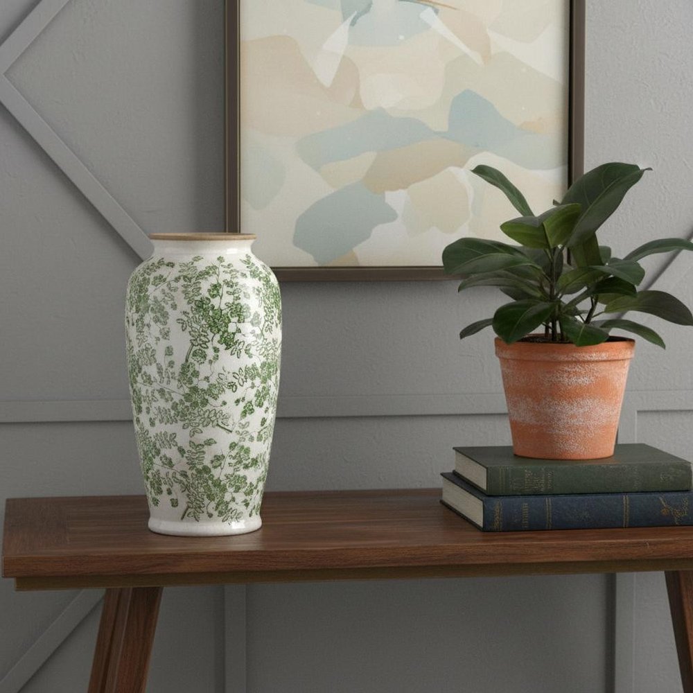 15" Green And White Leaf Ceramic Trumpet Table Vase