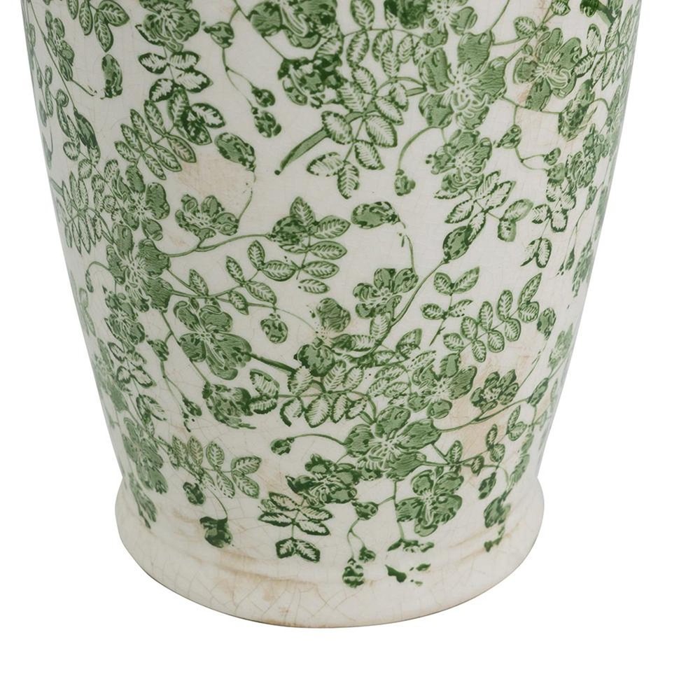 15" Green And White Leaf Ceramic Trumpet Table Vase
