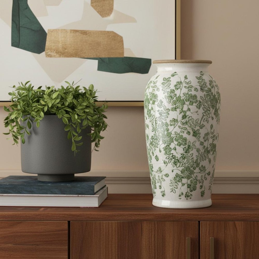 12" Green And White Leaf Ceramic Round Table Vase