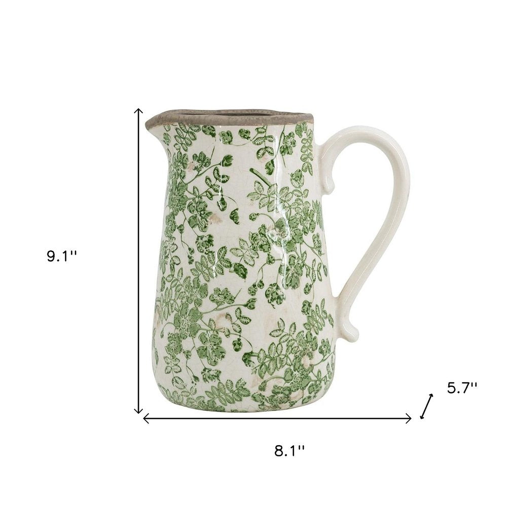 9" Green And White Leaf Ceramic Round Jug Vase