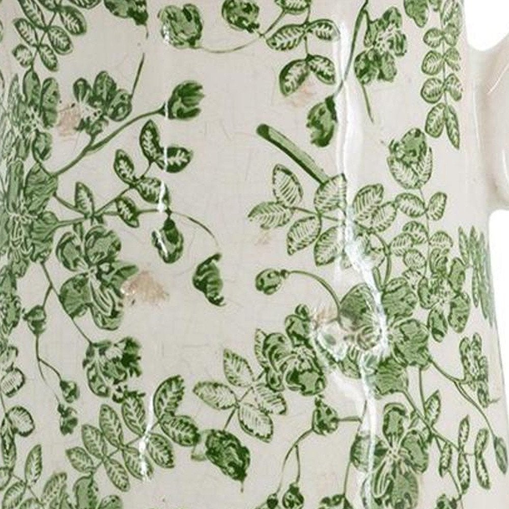 9" Green And White Leaf Ceramic Round Jug Vase