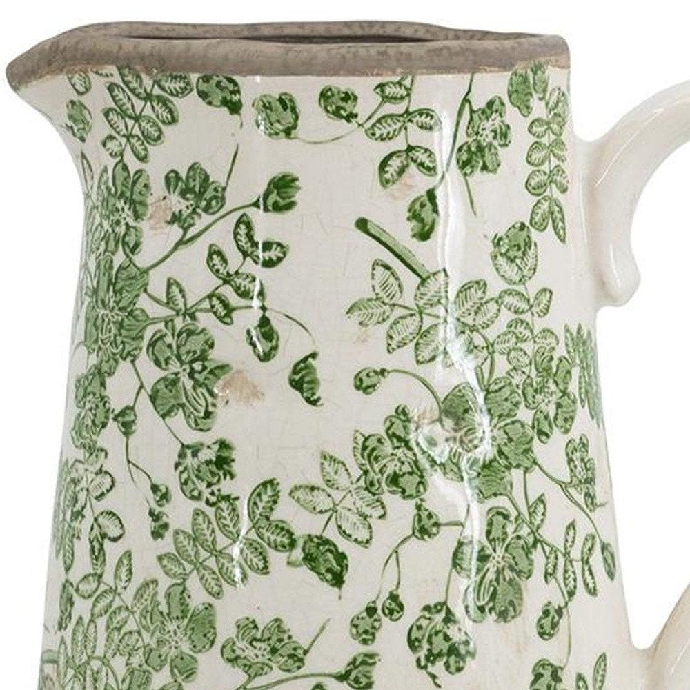 9" Green And White Leaf Ceramic Round Jug Vase