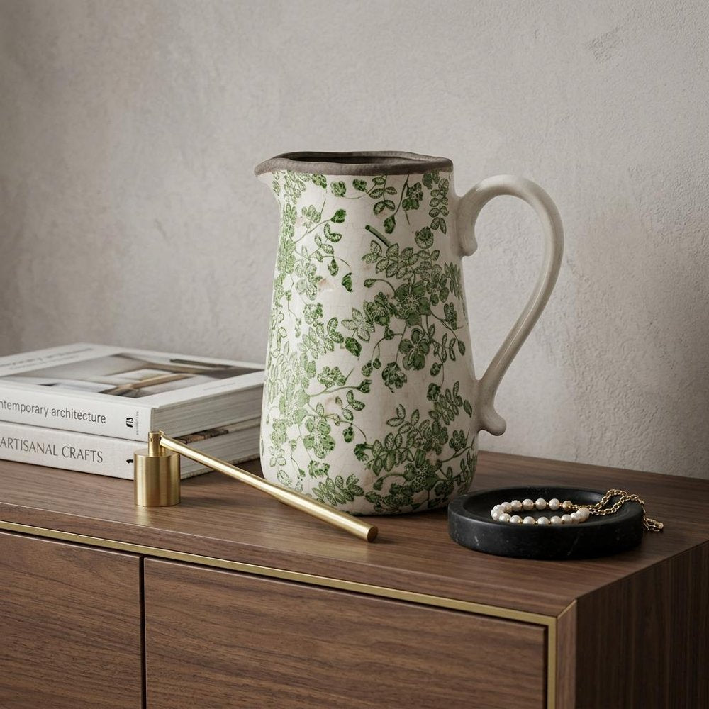 9" Green And White Leaf Ceramic Round Jug Vase