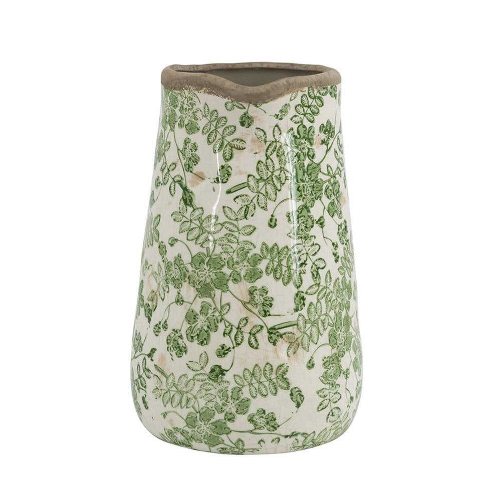 9" Green And White Leaf Ceramic Round Jug Vase