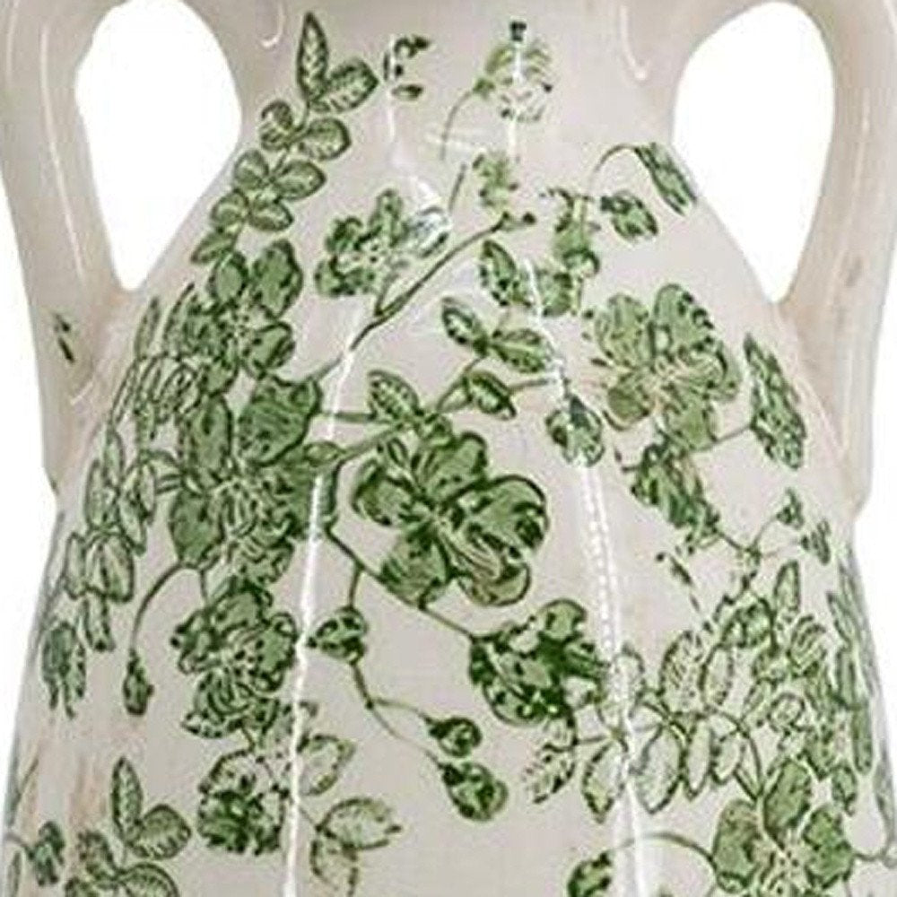 14" Green And White Leaf Ceramic Amphora Table Vase