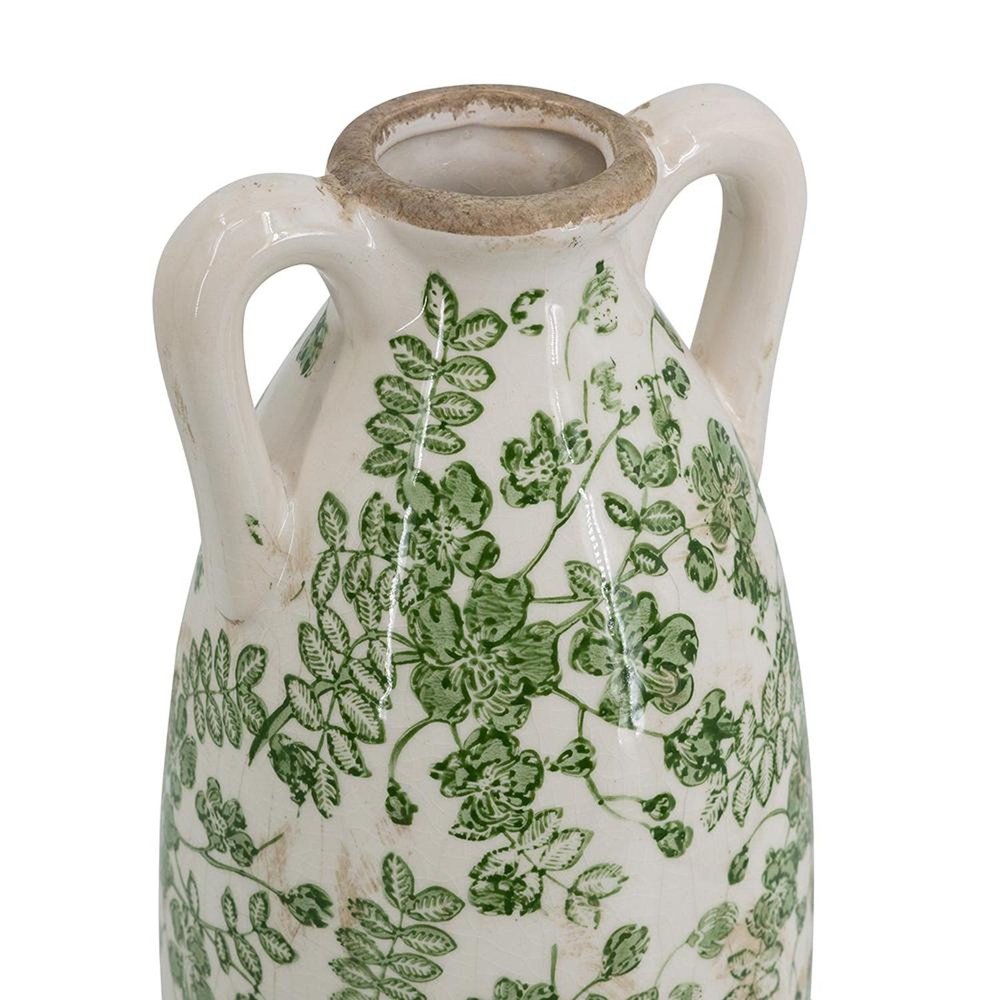 14" Green And White Leaf Ceramic Amphora Table Vase