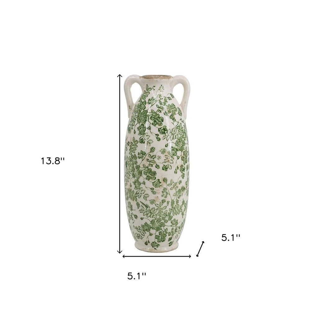 14" Green And White Leaf Ceramic Amphora Table Vase