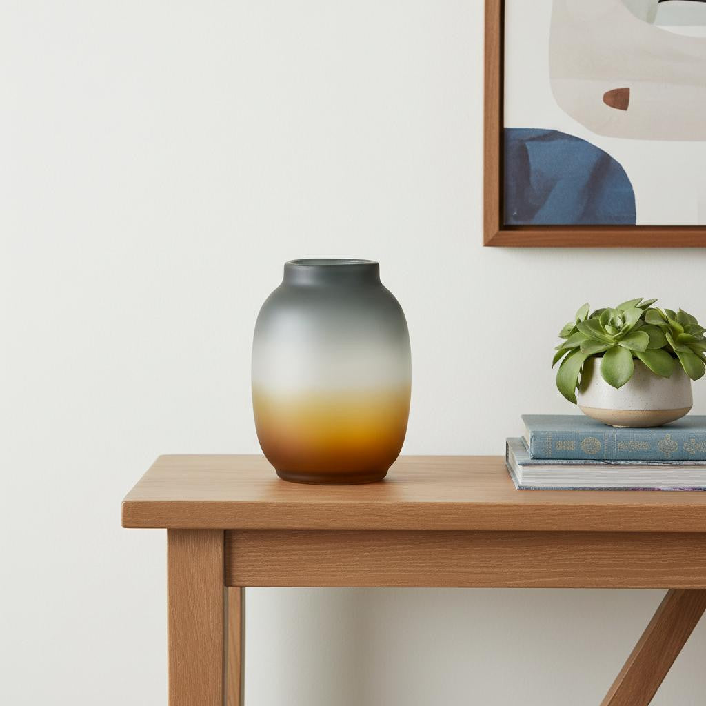 10" Charcoal And Orange Ombre Round Glass Table Vase