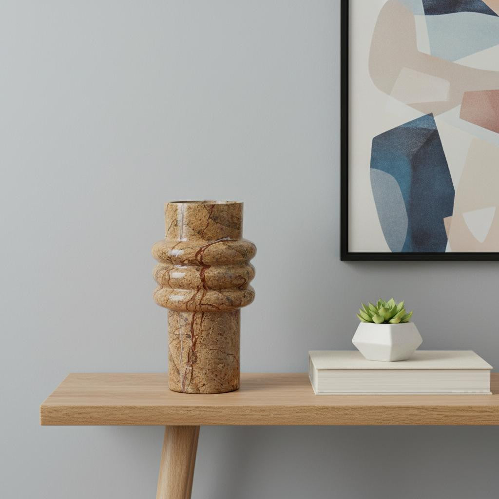 8" Brown Genuine Marble Ridged Table Vase