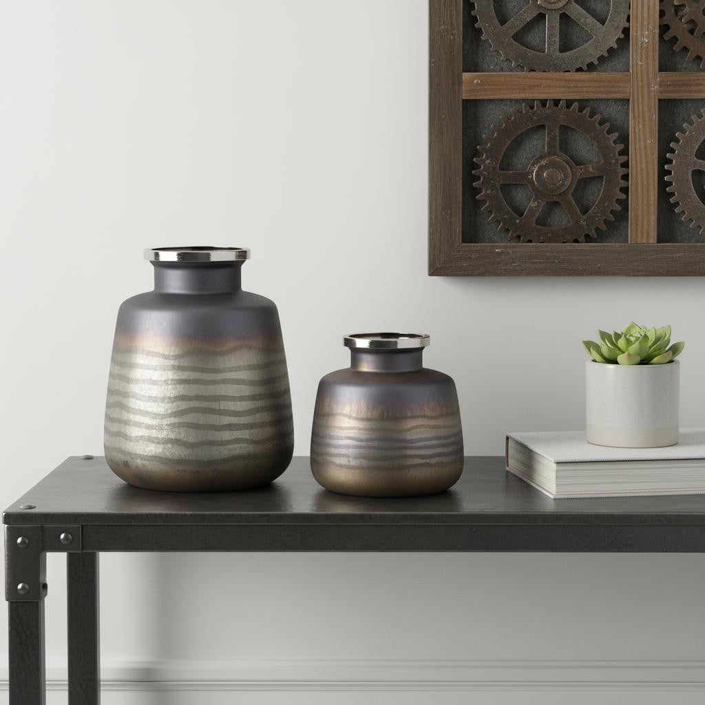 Set of Two Black And Gray Abstract Glass Round Table Vases
