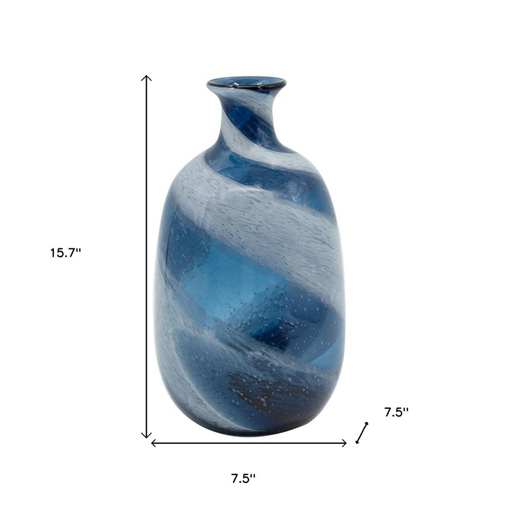 16" Blue And White Striped Swirl Art Glass Table Vase