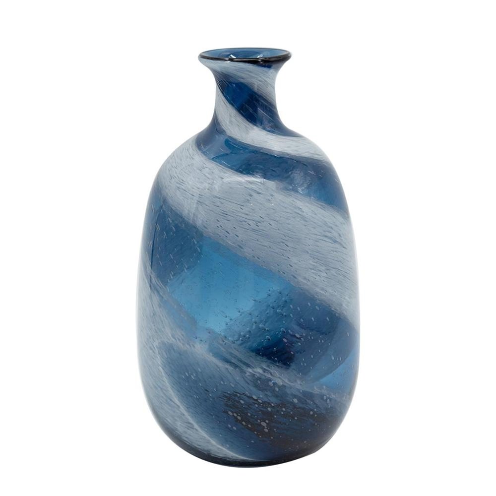 13" Blue And White Striped Swirl Art Glass Table Vase