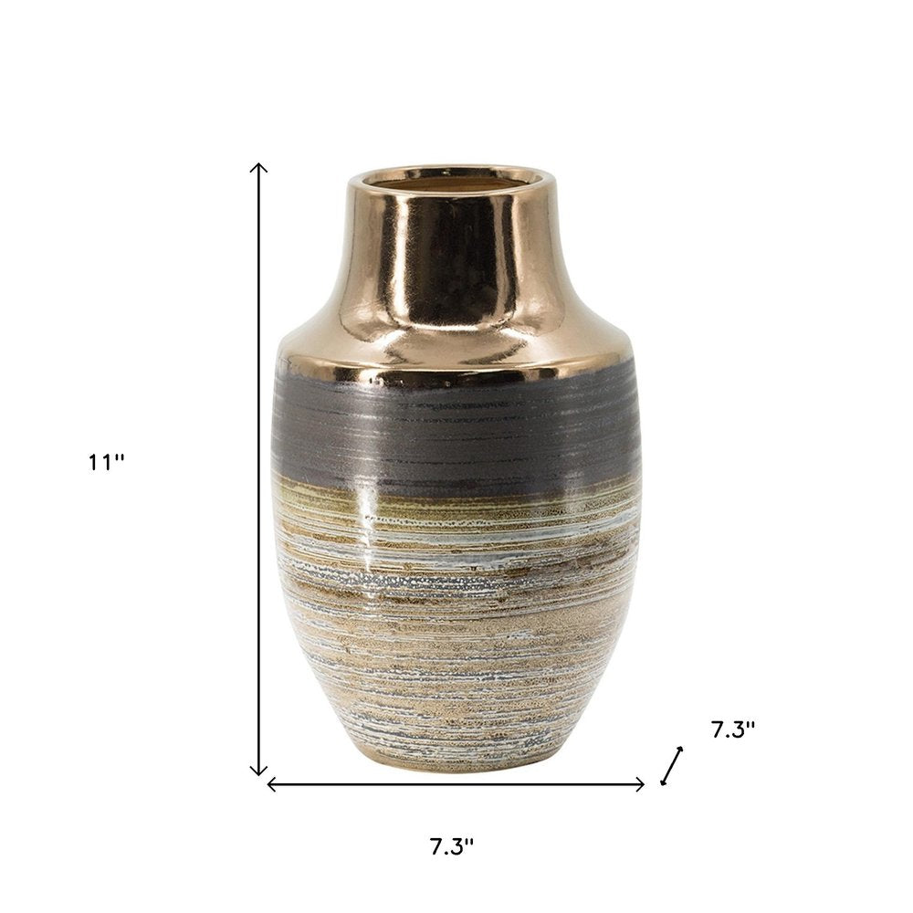 11" Brown And Bronze Striped Ceramic Round Table Vase