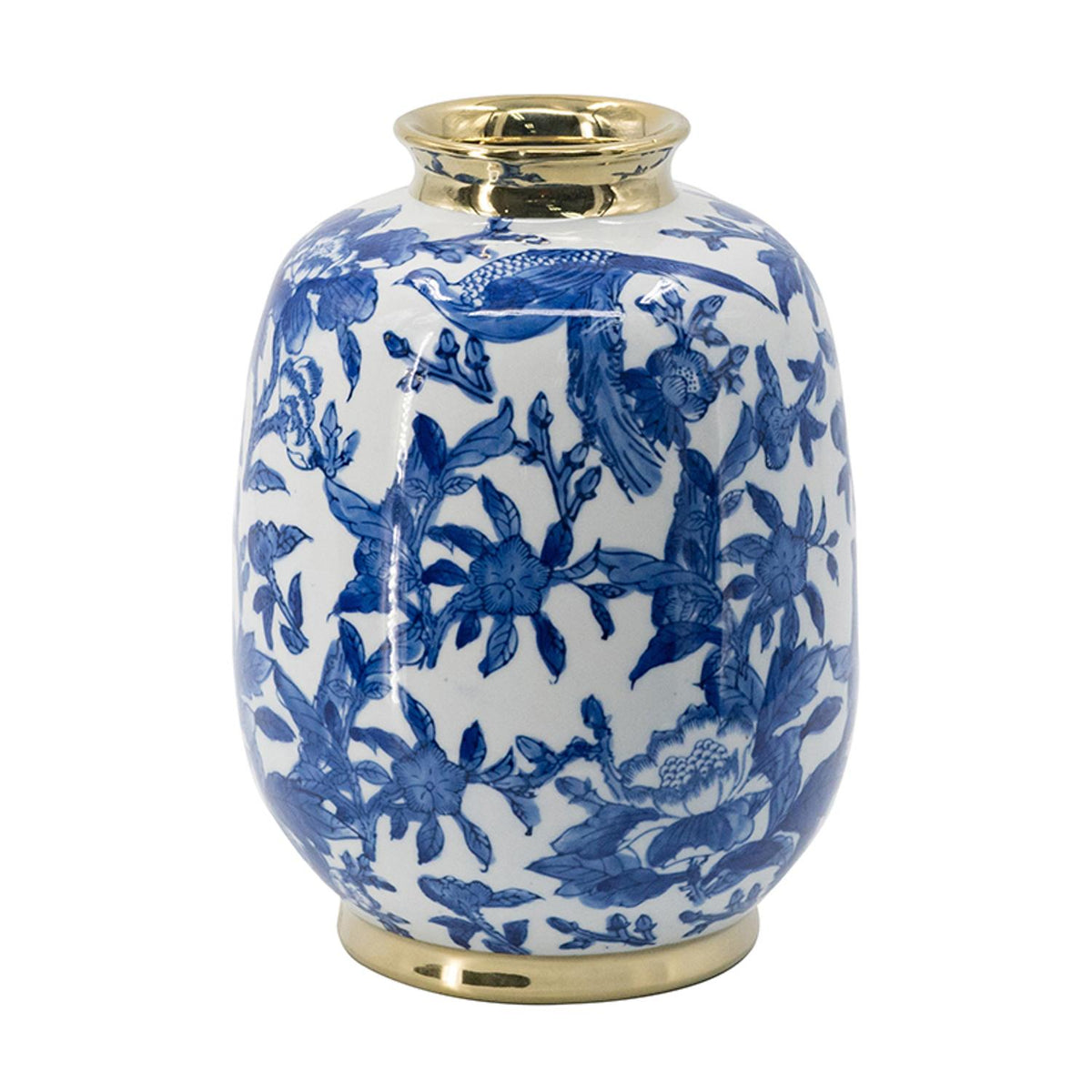 11" Blue White And Gold Chinoiserie Floral Porcelain Table Vase